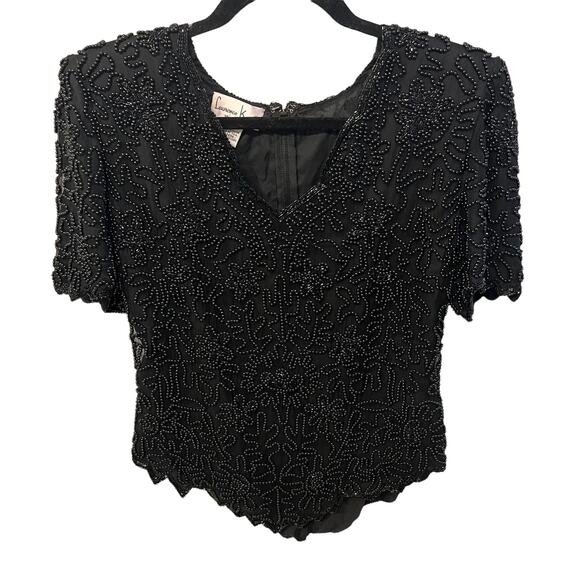 Vintage Laurence Kazar New York Black Beaded V Neck Short Sleeve silk xl Top - Picture 2 of 7